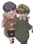  2girls bag black_bag black_shoes blue_eyes blue_hair blue_pants braid brown_coat brown_scarf chinese_commentary coat commentary_request cosplay green_coat green_hat grin hat highres holding holding_bag jusenkyou_guide jusenkyou_guide_(cosplay) luuxiriver mittens multiple_girls pants ranma_1/2 red_hair red_mittens saotome_ranma saotome_ranma_(female) scarf shoes short_hair single_braid smile tendou_akane 