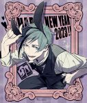  1boy 2023 animal_ears black_bow black_bowtie black_vest blue_eyes blue_hair bow bowtie commentary_request cowboy_shot dated english_text fake_animal_ears floyd_leech happy_new_year heterochromia highres kiosque looking_at_viewer male_focus male_playboy_bunny new_year rabbit_ears sharp_teeth short_hair solo teeth twisted_wonderland vest yellow_eyes 