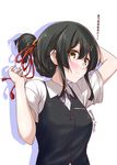  adjusting_hair alternate_hairstyle arm_behind_head bangs black_hair black_vest blouse blue_neckwear blue_ribbon blush bow braid breasts buttons commentary eyebrows_visible_through_hair green_eyes hair_between_eyes hair_ornament hair_ribbon hair_tie hairclip kantai_collection kimi_no_na_wa light_smile looking_at_viewer looking_to_the_side medium_breasts mikage_takashi miyamizu_mitsuha neck_ribbon no_gloves oyashio_(kantai_collection) red_bow red_ribbon ribbon short_sleeves simple_background solo translated twitter_username tying_hair upper_body vest white_background white_blouse 