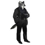 1boy animal_ears arknights artist_request belt black_gloves black_jacket black_pants black_shirt black_shoes black_suit blue_shirt chest_harness closed_mouth collared_shirt formal_clothes full_body furry furry_male gambino_(arknights) gloves hand_in_pocket harness holding jacket long_sleeves looking_at_viewer looking_to_the_side male_focus official_art pants scar scar_on_face shirt shoes simple_background solo standing suit tail third-party_source transparent_background wolf_boy wolf_ears wolf_tail 