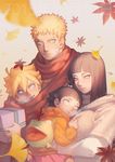  2boys 2girls absurdres ahoge bad_id bad_pixiv_id blue_eyes breath dated family father_and_daughter father_and_son gift highres hood hoodie husband_and_wife hyuuga_hinata lavender_hair leaf looking_at_viewer mother_and_daughter mother_and_son multiple_boys multiple_girls naruto naruto_(series) noeunjung93 scarf smile spiked_hair uzumaki_boruto uzumaki_himawari uzumaki_naruto whisker_markings 