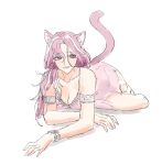  1girl animal_ears armlet blue_pupils bracelet breasts cat_ears cat_girl cat_tail cleavage collarbone commentary_request dress jasmine_(path_to_nowhere) jewelry jrnc23 korean_commentary long_hair official_alternate_costume parted_lips path_to_nowhere pink_dress pink_eyes pink_hair pink_lips silver_armlet silver_bracelet tail 
