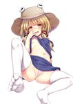  :d blonde_hair blue_skirt blue_vest blush breasts clothes_lift ebi_193 feet hair_ribbon hat lifted_by_self long_hair long_sleeves looking_at_viewer micro_panties miniskirt moriya_suwako navel open_mouth panties partially_visible_vulva red_ribbon ribbon sidelocks simple_background sitting skirt skirt_set small_breasts smile solo spread_legs stomach thighhighs toes touhou tress_ribbon underboob underwear vest white_background white_legwear white_panties wide_sleeves yellow_eyes 
