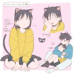  1boy 1girl absurdres animal_ears black_hair blue_sweater brown_socks cat_ears cat_girl cat_tail commentary_request cuddling futsuu_no_keion-bu hand_on_another's_cheek hand_on_another's_face hatono_chihiro hetero highres hug ikihaji medium_hair mizuo_haruichi pants pink_background short_hair short_shorts shorts socks sweater tail translation_request white_pants white_socks 