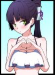  1girl alternate_costume bare_arms bikini black_border black_hair blue_background blunt_bangs blunt_ends blush border breasts cleavage closed_mouth collarbone commentary_request eyes_visible_through_hair frilled_bikini frills frown green_eyes hair_ribbon halterneck hands_up heaven_burns_red high_heels hime_cut jiro_channel long_hair looking_at_viewer medium_breasts natsume_inori outside_border ponytail purple_ribbon ribbon sidelocks simple_background solo swimsuit tsurime white_bikini 