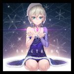  anastasia_(idolmaster) blue_dress blue_eyes breasts character_name cleavage dress hat highres idolmaster idolmaster_cinderella_girls jewelry madyy necklace parted_lips russian short_hair silver_hair sitting small_breasts smile solo star translated wariza 