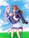  animal_ears aqua_bow ascot asymmetrical_gloves bow carrying ear_bow ear_ribbon epaulettes gloves highres horse_ears horse_girl horse_tail horseshoe_ornament jacket kimasixart knee_pads mejiro_mcqueen_(umamusume) mismatched_gloves multicolored_hair multicolored_jacket pink_ascot princess_carry purple_eyes purple_hair purple_shirt sailor_collar sailor_shirt school_uniform shirt single_epaulette single_hair_streak skirt streaked_hair tail tokai_teio_(peak_joy)_(umamusume) tokai_teio_(umamusume) tracen_school_uniform tracen_training_uniform two-tone_jacket two-tone_skirt umamusume white_skirt white_streaks yuri 