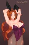  animal_ears armpits arms_up artist_name breasts brown_background bunny_ears bunnysuit cleavage covered_navel gradient gradient_background large_breasts league_of_legends leona_(league_of_legends) light_smile long_hair looking_at_viewer pantyhose parted_lips red_eyes red_hair signature solo thighs tofuubear very_long_hair 