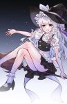  1girl absurdres alternate_costume arm_up black_shoes braid broom broom_riding commentary cosplay crossed_legs dress fire_emblem fire_emblem:_three_houses foot_out_of_frame frilled_dress frilled_hat frilled_sleeves frilled_socks frills hair_tie hat hat_ribbon high_heels highres kirisame_marisa kirisame_marisa_(cosplay) long_hair looking_at_viewer lysithea_von_ordelia open_hand open_mouth outstretched_arm paiiart puffy_sleeves red_eyes ribbon shoes single_braid smile socks solo star_(sky) teeth thighs touhou twitter_username upper_teeth_only white_hair white_ribbon white_socks witch witch_hat 