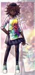  1girl beret black_hat black_pantyhose blue_shoes blue_skirt border brown_hair closed_mouth colored_shoe_soles curly_hair danganronpa:_despair_time dark-skinned_female dark_skin expressionless full_body gradient_background grey_eyes half-closed_eyes hand_on_own_hip hat highres holding holding_paintbrush komatsuzaki_rui_(style) looking_at_viewer medium_hair ninhawesome paint paint_splatter paintbrush pantyhose pink_background pleated_skirt purple_background rose_lacroix shirt shoes skirt sleeves_rolled_up smock sneakers solo sparkle tied_shirt very_dark_skin white_border white_shirt zoom_layer 