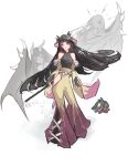  1girl absurdres alt_text angel_and_devil arms_at_sides bare_shoulders black_gloves black_hair black_shirt closed_mouth clothing_cutout commentary fingerless_gloves floating_hair full_body gloves gohei hair_ribbon hakama hakama_pants halterneck highres hip_vent holding holding_wand japanese_clothes long_hair looking_at_viewer mawile mega_mawile oonusa paiiart pants personification pokemon pokemon_(creature) purple_eyes purple_ribbon reference_inset ribbon shide shirt simple_background sleeveless sleeveless_shirt smile solo standing twitter_username very_long_hair wand white_background 