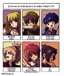  1boy 5girls amane_misa black_choker black_hair blonde_hair blue_hair braid brown_eyes brown_hair cardcaptor_sakura character_name child chinese_commentary choker closed_mouth commentary_request cross cross_necklace crossover death_note eating fang fate_(series) frown fuu_(samurai_champloo) green_hat hat highres holding holding_spatula holding_sword holding_weapon jewelry kuonji_ukyou li_syaoran low_ponytail luuxiriver magic_knight_rayearth mixed-language_text mordred_(fate) multiple_drawing_challenge multiple_girls necklace open_mouth ponytail ranma_1/2 red_eyes red_hair red_lips samurai_champloo shidou_hikaru single_braid six_fanarts_challenge skewer skin_fang smile spatula sword twintails weapon 