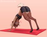  blue_eyes bra brooke_(kahunakilolani) camel_toe clothing deer downward_dog female hair hi_res humanoid kahunakilolani mammal short_hair solo sports_bra surprised tail underwear yoga_mat yoga_shorts 
