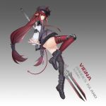  1girl arknights artist_name asymmetrical_legwear black_boots black_hat black_thighhighs boots character_name demon_girl demon_horns demon_tail elbow_pads from_side full_body gradient_background grey_background hat highres holding holding_polearm holding_weapon horns horns_through_headwear jacket knee_pads kumei long_hair long_sleeves looking_at_viewer low-tied_long_hair low_twintails mismatched_legwear newsboy_cap pointy_ears polearm red_eyes red_hair red_thighhighs sidelocks single_knee_pad solo spear tail thighhighs thighs trident twintails very_long_hair vigna_(arknights) weapon 