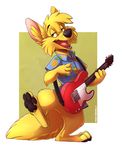  2016 4_fingers 4_toes abstract_background anthro black_nose black_pawpads bottomless canine clothed clothing digital_media_(artwork) fangs featureless_crotch fennec fluffy fluffy_tail fox front_view full-length_portrait fur goldenrod guitar half-closed_eyes hi_res inner_ear_fluff male mammal musical_instrument naturally_censored on_one_leg pawpads paws pink_tongue portrait shirt signature solo standing tazara teeth toes tongue toony yellow_fur yellow_tail 