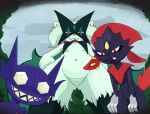  anthro black_nose blush blush_lines butt butt_from_the_front commonbleat eyelashes featureless_crotch female forehead_gem front_view fur gem gem_eyes generation_3_pokemon generation_4_pokemon generation_9_pokemon gloves_(marking) green_body green_fur group hands_on_hips hi_res looking_at_viewer low-angle_view markings mask meowscarada narrowed_eyes navel nintendo open_mouth open_smile pink_eyes pink_nose pokemon pokemon_(species) pupils purple_body purple_fur red_eyes sableye sharp_teeth slit_pupils smile snaggle_tooth teeth thick_thighs trio weavile wide_hips 
