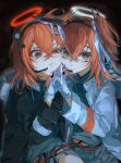  2girls absurdres adachi_rei black_background black_jacket brown_eyes cable commentary_request gloves hair_ribbon hairband halo headphones highres holding_hands jacket long_hair looking_at_viewer matofu multicolored_eyes multiple_girls orange_hair red_eyes red_halo ribbon utau vocaloid white_gloves white_halo white_jacket white_ribbon 