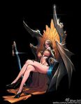  absurdres black_hair black_nails blade_&amp;_soul breasts breasts_apart covered_nipples crossed_legs fingernails full_body han-0v0 highres large_breasts long_fingernails long_hair looking_at_viewer nail_polish revealing_clothes sitting solo sword throne underboob weapon yellow_eyes 