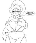  anthro big_breasts black_and_white blush breasts canine cleavage clothed clothing dialogue disembodied_hand dog dress english_text female hair half-closed_eyes hand_on_breast huge_breasts kibbles looking_at_viewer mammal monochrome smile speech_bubble text uberquest unknown_artist 