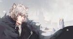  1boy animal_ears arknights asarinna black_cape black_jacket black_necktie cape cloak collared_shirt commentary_request formal_clothes fur-trimmed_cape fur-trimmed_cloak fur_trim grey_eyes grey_hair hair_between_eyes jacket male_focus necktie outdoors shirt short_hair silverash_(arknights) snow snow_leopard_boy snow_leopard_ears snowing solo suit upper_body white_shirt 