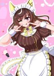  1girl absurdres animal_ears annoyingmaggot apron blush bow bow_choker braid breasts brown_hair brown_shirt brown_skirt buena_vista_(umamusume) choker closed_mouth coco's ear_covers hair_between_eyes hair_ribbon heart highres horse_ears horse_girl large_breasts long_hair looking_at_viewer one_eye_closed pointing pointing_at_self purple_eyes ribbon ribbon_in_braid shirt skirt smile solo tongue tongue_out umamusume waist_apron white_apron white_headdress yellow_bow yellow_choker 