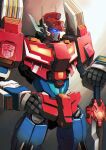  1boy aaatsushi absurdres autobot blue_eyes cowboy_shot glowing glowing_eyes hand_on_own_hip highres holding holding_sword holding_weapon insignia looking_afar looking_to_the_side male_focus mecha revision robot solo standing star_saber_(transformers) sword transformers transformers:_japanese_generation_1 transformers:_victory weapon 