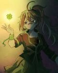  1girl ahoge arm_ribbon arm_up bandaid bandaid_on_face bandaid_on_nose black_shirt breasts brown_eyes brown_hair clover commentary danganronpa:_despair_time english_commentary four-leaf_clover glowing glowing_plants gradient_hair green_ribbon green_skirt green_trim grey_hair grey_jacket hair_between_eyes high_ponytail highres jacket long_hair long_sleeves medium_breasts multicolored_hair open_hand parted_lips ponytail ribbon shirt single_sidelock skirt sleeve_rolled_up solo teruko_tawaki tynney 