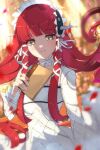  1girl blunt_bangs blurry blurry_background blurry_foreground book closed_mouth collar commentary dated_commentary detached_collar dress falling_petals floating_hair frilled_collar frilled_hairband frills hair_ribbon hairband highres holding holding_book light_blush long_hair long_sleeves looking_at_viewer persona persona_3 persona_3_reload petals red_hair ribbon sidelocks smile solo straight_hair upper_body white_collar white_dress white_ribbon yellow_eyes yoshino_chidori zer00han 