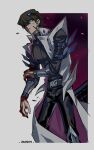  1boy absurdres black_pants black_shirt blood blood_from_eyes blue_eyes brown_hair coat commentary_request cowboy_shot dated glowing glowing_eye grey_background highres kaiba_seto male_focus pants saka_nagiya shirt solo white_coat yu-gi-oh! yu-gi-oh!_the_dark_side_of_dimensions 