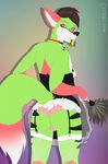  2016 anthro black_nose black_spots black_stripes brown_hair butt canine cheek_tuft clothed clothing collar condom countershading crossdressing dipstick_tail eyebrows fangs feather_duster fingerless_(marking) fishnet fox fur girly goober. gradient_background green_fur green_tail grin hair half-closed_eyes holding_condom holding_object inner_ear_fluff inviting looking_at_viewer maid_uniform male mammal markings mouth_hold multicolored_fur multicolored_tail panties partially_clothed pink_markings pink_tail portrait raised_tail rear_view seductive shadow short_hair signature simple_background slushie_(slushiefox) smile solo spots spotted_fur standing striped:fur stripes three-quarter_portrait translucent transparent_clothing tuft two_tone_fur underwear uniform white_fur white_tail yellow_eyes 