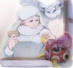  1girl blue_eyes breasts commentary_request earrings flower frosmoth fur_collar fur_hat gift half-closed_eyes hat jewelry large_breasts long_hair long_sleeves mature_female melony_(pokemon) mother's_day muwu_(user_thmj2573) pearl_earrings pokemon pokemon_(creature) pokemon_sword_and_shield ring shuckle smile solo_focus sweater ushanka wedding_ring white_hat white_sweater 