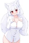  1girl :3 :d animal_ear_fluff animal_ears blush breasts buttons cleavage collarbone collared_shirt commentary_request cowboy_shot hair_intakes index_fingers_together inubashiri_momiji large_breasts long_sleeves looking_at_viewer naked_shirt no_pants open_mouth red_eyes rururiaru shirt short_hair simple_background sleeves_past_fingers sleeves_past_wrists smile solo tail touhou white_background white_hair white_shirt wolf_ears wolf_girl wolf_tail 
