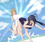  ;o antenna_hair ass black_hair blonde_hair blue_eyes breasts brown_eyes cloud commentary competition_swimsuit crossover day dutch_angle eyebrows eyebrows_visible_through_hair eyes_visible_through_hair highres hip_attack huge_breasts kaminashi_nozomi keijo!!!!!!!! keijo_land_field long_hair multiple_girls narusawa_ryouka occultic;nine one-piece_swimsuit one_eye_closed open_mouth outdoors ponytail season_connection sky speed_lines swimsuit viperxtr water 