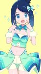  1girl :d absurdres alternate_costume black_hair blue_eyes blush bow bowtie commentary_request cowboy_shot double_v green_bow green_bowtie green_vest hair_bow hands_up happy highres light_blush liko_(pokemon) melili overskirt pokemon pokemon_(anime) pokemon_horizons shorts sidelocks smile solo sparkle swept_bangs v vest wrist_cuffs yellow_background 