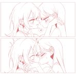  2girls bang_dream! bang_dream!_it's_mygo!!!!! blush choker closed_eyes ear_blush earclip eye_contact heart highres kiss long_hair looking_at_another mole mole_under_eye monochrome multiple_girls red_theme shiina_taki spoken_heart yahata_umiri yuri zikiki1092 