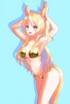  1girl absurdres animal_ears armpits arms_up bikini blonde_hair blue_background blue_eyes blush breasts cleavage collarbone commentary_request gold_bikini hair_ornament highres horse_ears horse_tail kimlarno_nazzo medium_breasts navel one_side_up open_mouth rabbit_pose simple_background smile solo swimsuit tail umamusume victoire_pisa_(umamusume) 