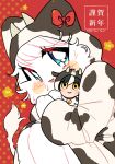  1girl animal_costume animal_hands blue_eyes body_fur cat_girl character_doll chinese_zodiac cocri commentary_request cosplay cow_costume doll furry furry_female happy_new_year highres holding holding_doll hood hood_up kigurumi knees_up koharu_(cocri) looking_at_viewer new_year original princess_koyuki_(cocri) red_background sitting solo translation_request white_fur white_hair year_of_the_ox 