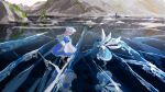  2girls apron blue_dress blue_hair blue_skirt blue_vest cirno commentary_request crack curtsey dress facing_another frozen_lake full_body hat highres ice ice_wings letty_whiterock long_sleeves mountain multiple_girls nature niy_(nenenoa) outdoors pink_hair puffy_short_sleeves puffy_sleeves reflection scenery shirt short_sleeves skirt standing touhou vest waist_apron white_apron white_hat white_shirt wide_shot wings 