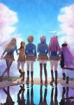  6+girls absurdres aikawa_megumi asakura_karen_(heaven_burns_red) black_hair blonde_hair blue_shirt brown_hair cherry_blossoms commentary_request from_behind grey_hair heaven_burns_red highres izumi_yuki kayamori_ruka kneehighs kunimi_tama long_hair multiple_girls phant0m pink_hair puddle purple_eyes shirt short_hair skirt socks team_31a_(heaven_burns_red) thighhighs toujou_tsukasa 