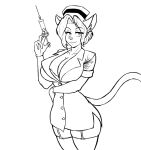 anthro bottomwear breasts buckle chisheq clothing domestic_cat ears_down eyebrows felid feline felis female fur hair hat headgear headwear hi_res mammal monochrome needler nurse nurse_clothing nurse_hat nurse_headwear nurse_uniform open_mouth pivoted_ears poland polish_people's_republic skirt smile smiling_at_viewer solo uniform wearing_hat zofia_(chisheq)