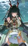  2girls :3 absurdres ahoyim arknights arknights:_endfield bare_shoulders black_gloves blush breasts commentary dragon_bean_(arknights) dragon_girl dragon_horns dragon_tail eastern_dragon_tail endministrator_(arknights) english_commentary falling_petals female_endministrator_(arknights) gloves green_eyes green_hair green_pants highres horns large_breasts long_hair multiple_girls open_mouth pants petals pointy_ears pov pov_hands reaching reaching_towards_viewer red_horns sitting solo_focus tail water zhuang_fangyi_(arknights) 