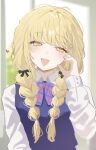  1girl blonde_hair blue_cardigan braid cardigan commentary_request fang fujita_kotone gakuen_idolmaster heart heart_hands highres idolmaster long_hair looking_at_viewer low_twin_braids open_mouth shirt skin_fang smile solo sorotu twin_braids white_shirt yellow_eyes 