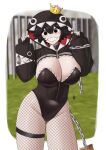  1girl absurdres arm_cutout black_choker black_eyes black_hair black_leotard black_nails black_shrug blush breasts chain chain_chomp choker cleavage clothing_cutout covered_navel fishnets hands_up highres hood hood_up hooded_shrug large_breasts leotard mario_(series) nail_polish personification princess_chain_chomp sharp_teeth short_hair shrug_(clothing) smile solo super_crown teeth thigh_strap thighs yukaraishin 