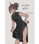 1girl ahoge arm_ribbon armpit_peek artist_name bandaged_arm bandages bandaid bandaid_on_face bandaid_on_nose black_dress breasts brown_eyes brown_hair character_name china_dress chinese_clothes cleavage_cutout clothing_cutout danganronpa:_despair_time dress gradient_hair green_ribbon grey_hair hair_between_eyes hair_ribbon hand_on_own_hip high_ponytail highres holding_own_dress leaning_forward mandarin_collar medium_breasts multicolored_hair ponytail ribbon short_ponytail side_slit simple_background single_sidelock solo striped_background teruko_tawaki thighs vertical-striped_background wcender white_background 