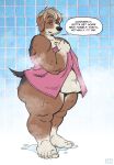  2026 5_toes anthro bath_towel bonnie_(silverscarf) brown_body brown_fur canid canine canis dialogue domestic_dog english_text feet female fur hi_res humanoid_feet mammal mature_anthro mature_female overweight overweight_anthro overweight_female plantigrade puddle shower silverscarf solo text toes towel towel_only towel_wrap wet wet_body wet_fur 