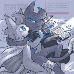  ambiguous_gender anthro bandage bandaged_chest bandaged_ear bandaged_leg bandaged_tail bed bedding black_clothing blue_eyes blue_markings book cloak cloak_only clothing cuddling d'arktanyan_(the_battle_cats) d'artanyan_(the_battle_cats) domestic_cat duki2585 duo english_text eye_scar facial_scar felid feline felis fur furniture glowing glowing_markings grey_body grey_fur hair head_tuft hi_res holding_another holding_book holding_object implied_dialog japanese_text long_hair lying mammal markings on_back on_bed on_side open_mouth pillow ponos_corp. scar spooning text the_battle_cats tuft u-naduki white_body white_clothing white_fur 