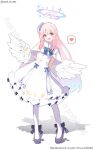  1girl absurdres angel_wings blue_archive blue_bow bow breasts buttons capelet double-breasted dress feathered_wings flower gold_trim hair_bun hair_flower hair_ornament halo heart highres long_hair looking_at_viewer medium_breasts mika_(blue_archive) murasame_(sword_of_nmkr) open_mouth overskirt pantyhose pink_hair revision single_side_bun smile solo spoken_heart very_long_hair white_capelet white_dress white_overskirt white_pantyhose white_wings wings yellow_eyes 
