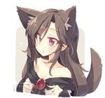  animal_ears bare_shoulders breasts brooch brown_hair cleavage collarbone commentary extra_ears fingernails frilled_sleeves frills hair_between_eyes imaizumi_kagerou jewelry long_fingernails long_hair long_sleeves looking_at_viewer medium_breasts nail_polish off_shoulder red_eyes satou_kibi sidelocks sketch solo sweatdrop tail touhou wolf_ears wolf_tail 