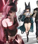  1boy 1girl absurdres animal_ear_fluff animal_ears aqua_jacket barefoot black_choker black_hair black_shoes black_shorts borrowed_clothes breasts choker closed_mouth collarbone commentary covered_navel fox_ears fox_girl gauntlets grey_hair highres hoshimi_miyabi jacket long_hair medium_breasts motion_lines open_mouth quadzlnw red_eyes shoes short_hair shorts single_bare_shoulder single_gauntlet sweat wise_(zenless_zone_zero) zenless_zone_zero 