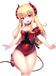  bad_id bad_pixiv_id bare_shoulders blonde_hair breasts covered_navel detached_sleeves fang highres horns legs leotard long_hair mary_janes open_mouth original outstretched_arms papo pointy_ears puffy_detached_sleeves puffy_sleeves red_eyes red_leotard shoes small_breasts smile solo standing standing_on_one_leg tail 
